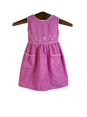 Vintage Thomas Girls Pink Gingham Floral Embroidered Dress Size 4T Preppy